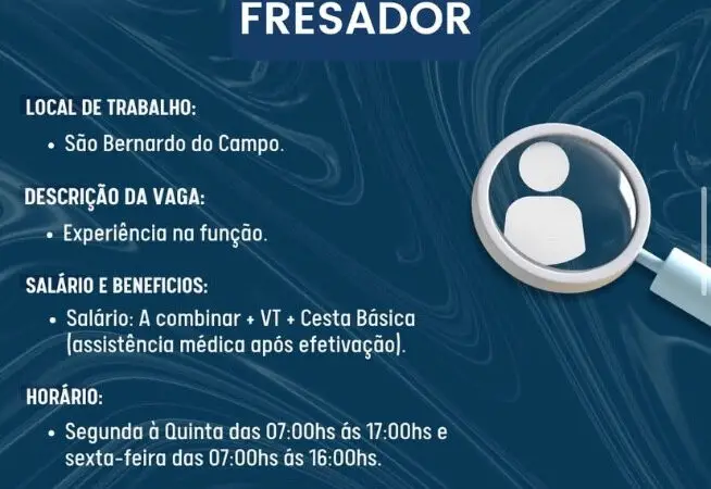 1 Vaga de emprego para Fresador na Cidade em 06/09