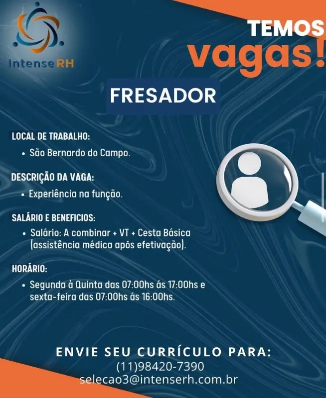 1 Vaga de emprego para Fresador na Cidade em 06/09