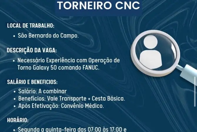 1 Vaga de emprego para Torneiro Cnc na Cidade em 06/09