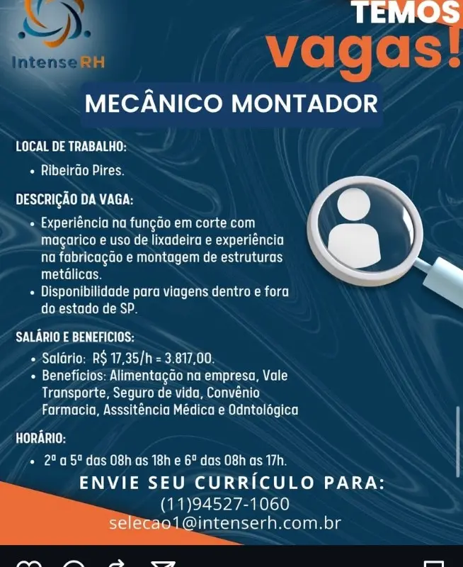 1 Vaga de emprego para Mecânico Montador na Cidade em 06/09