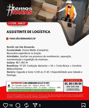 1 Vaga de emprego para Assistente De Logística na Cidade em 06/09
