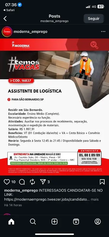 1 Vaga de emprego para Assistente De Logística na Cidade em 06/09