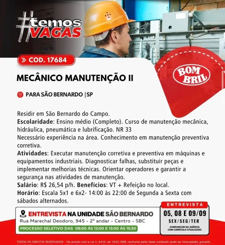 1 Vaga de emprego para Mecânico Manutenção Ii na Cidade em 06/09