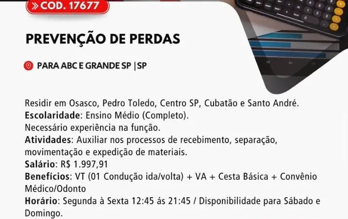 1 Vaga de emprego para Prevenção De Perdas no Bairro em 06/09
