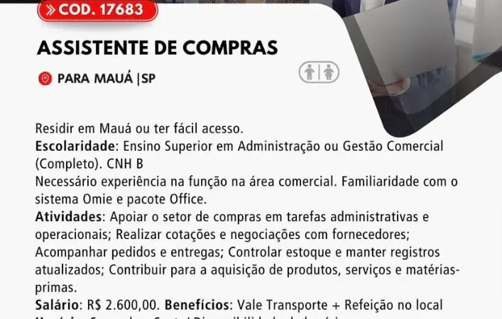 1 Vaga de emprego para Assistente De Compras na Cidade em 06/09