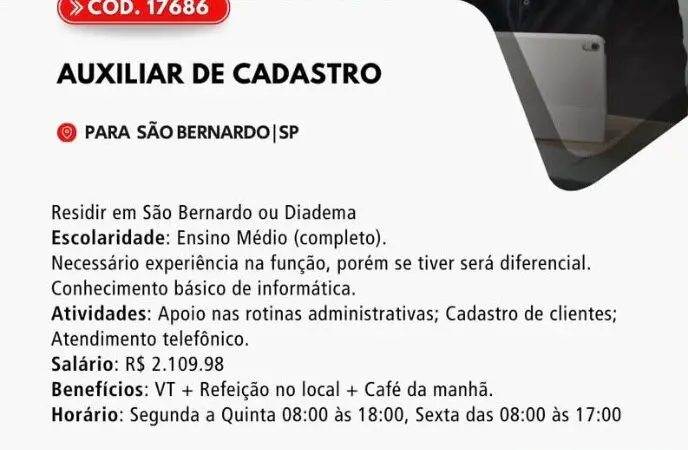 1 Vaga de emprego para Auxiliar De Cadastro na Cidade em 06/09