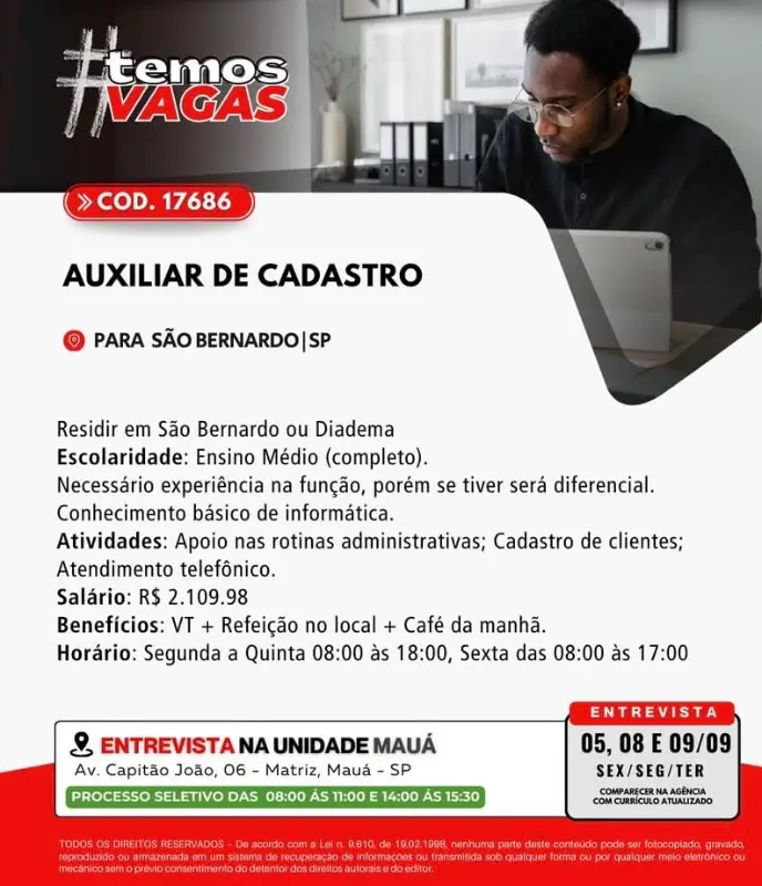 1 Vaga de emprego para Auxiliar De Cadastro na Cidade em 06/09