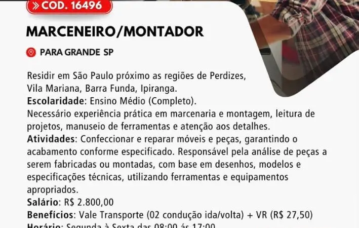 1 Vaga de emprego para Marceneiro, Montador no Bairro em 06/09