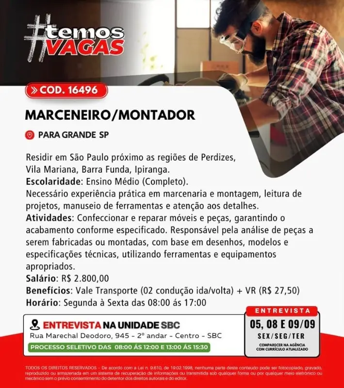 1 Vaga de emprego para Marceneiro, Montador no Bairro em 06/09