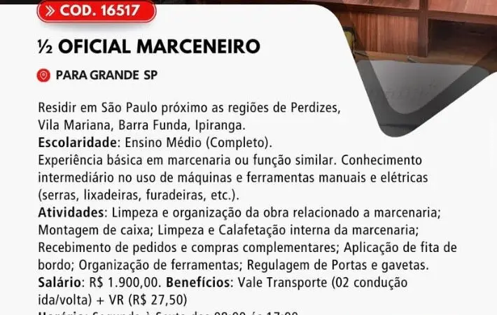 1 Vaga de emprego para Oficial Marceneiro no Bairro em 06/09