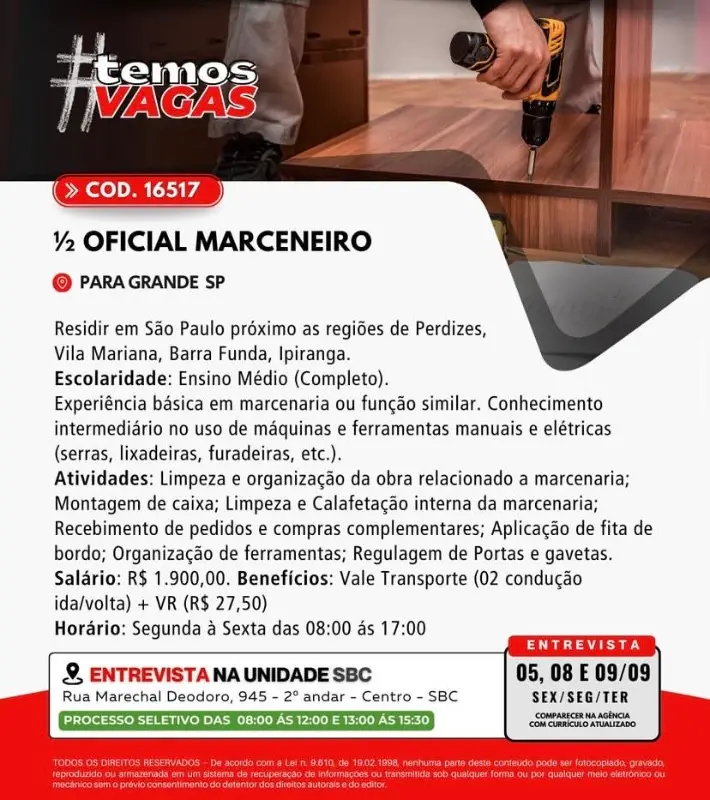1 Vaga de emprego para Oficial Marceneiro no Bairro em 06/09