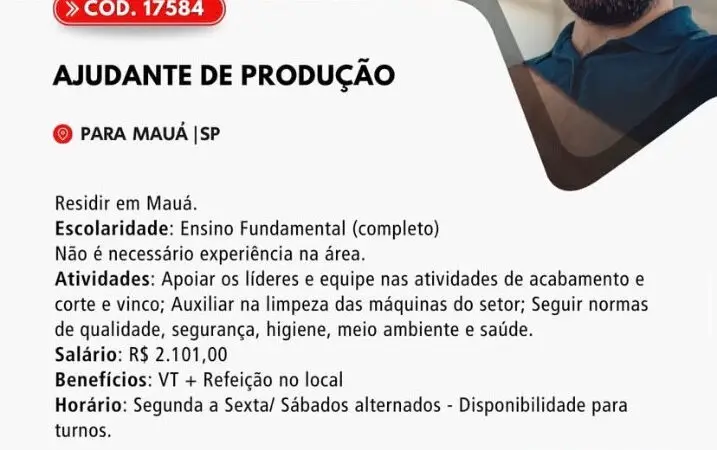 1 Vaga de emprego para Ajudante De Produção sem experiência na Cidade em 06/09