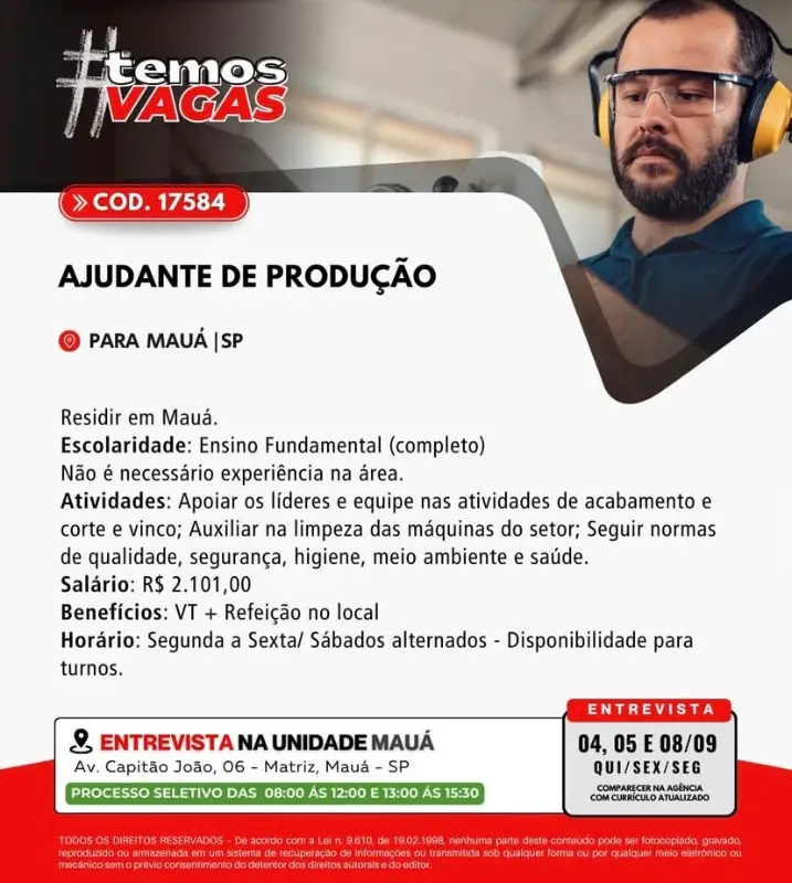 1 Vaga de emprego para Ajudante De Produção sem experiência na Cidade em 06/09