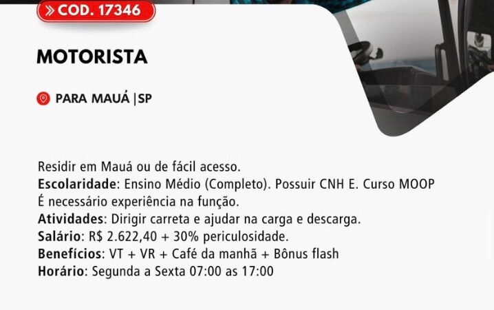 1 Vaga de emprego para Motorista na Cidade em 06/09