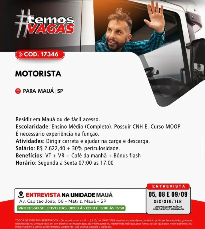 1 Vaga de emprego para Motorista na Cidade em 06/09