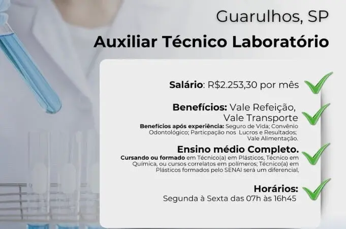 1 Vaga de emprego para Auxiliar Técnico Laboratorial na Cidade em 06/09