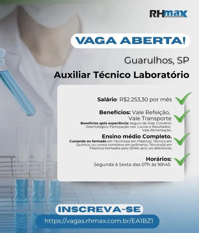 1 Vaga de emprego para Auxiliar Técnico Laboratorial na Cidade em 06/09