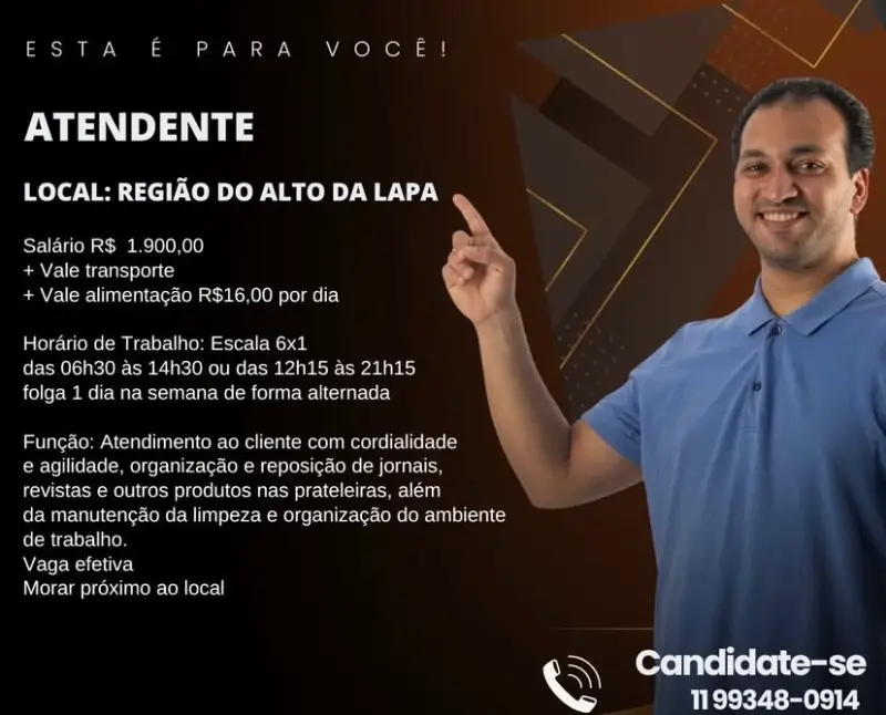 1 Vaga de emprego para Atendente no Bairro em 06/09