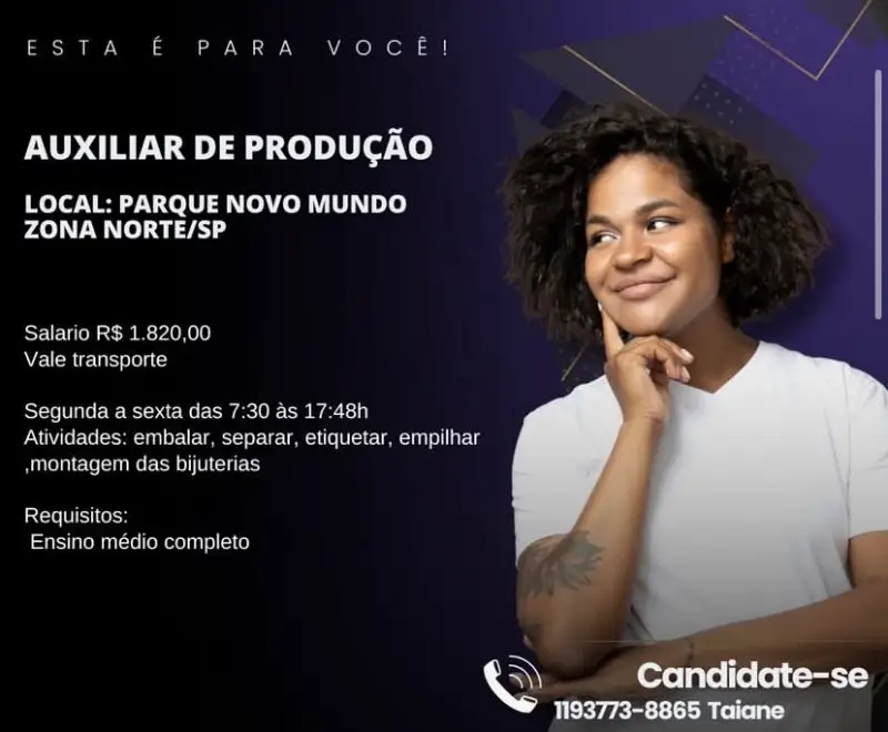 1 Vaga de emprego para Auxiliar De Produção no Bairro em 06/09