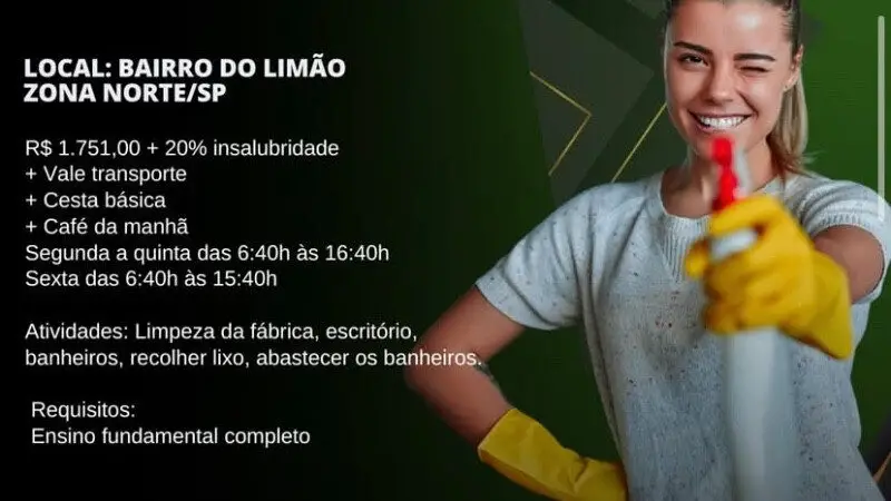 1 Vaga de emprego para Auxiliar De Limpeza no Bairro em 06/09