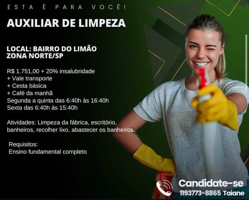 1 Vaga de emprego para Auxiliar De Limpeza no Bairro em 06/09