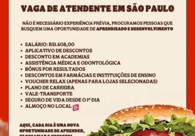 1 Vaga de emprego para Atendente sem experiência na empresa Burger King em 08/09