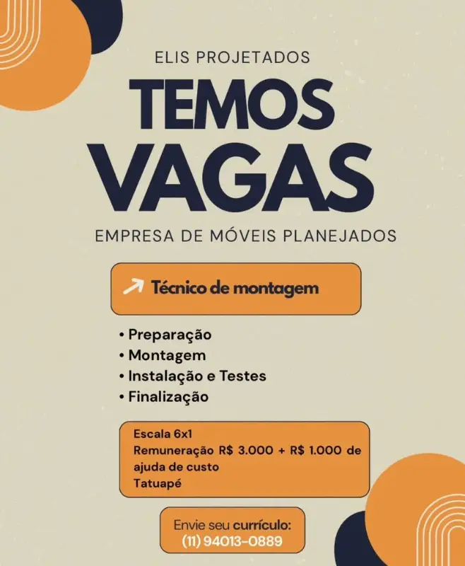 1 Vaga de emprego para Técnico De Montagem na empresa Elis projetados em 08/09
