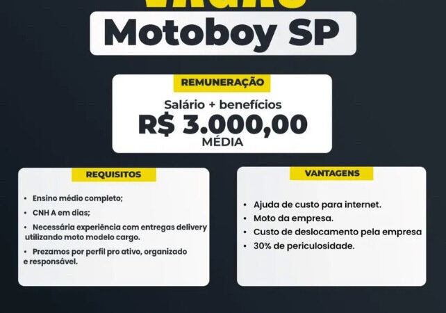 1 Vaga de emprego para Motoboy no Bairro Jardim Japão em 08/09