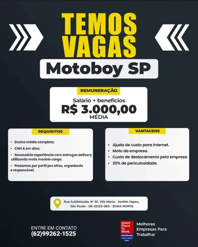 1 Vaga de emprego para Motoboy no Bairro Jardim Japão em 08/09