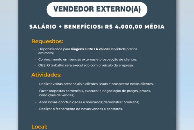1 Vaga de emprego para Vendedor Externo no Bairro Jardim Japão em 08/09