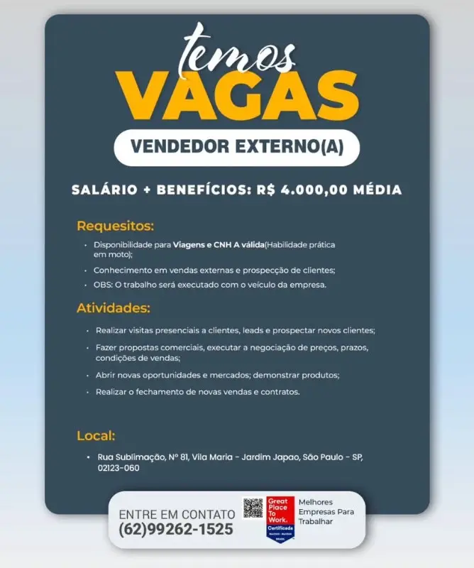 1 Vaga de emprego para Vendedor Externo no Bairro Jardim Japão em 08/09