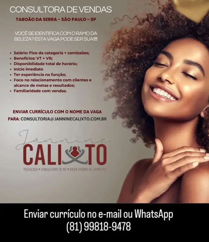 1 Vaga de emprego para Consultora De Vendas na Cidade Taboão da Serra em 08/09