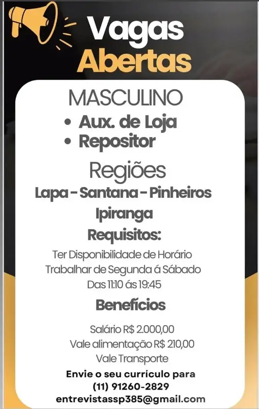 2 Vagas de emprego para Auxiliar De Loja, Repositor na Cidade Lapa, Santana, Pinheiros, Ipiranga em 08/09