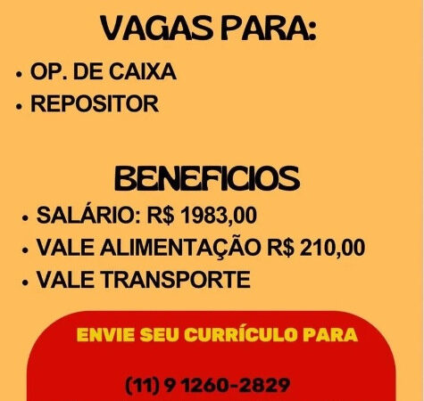2 Vagas de emprego para Operador De Caixa, Repositor na Cidade Campinas em 08/09
