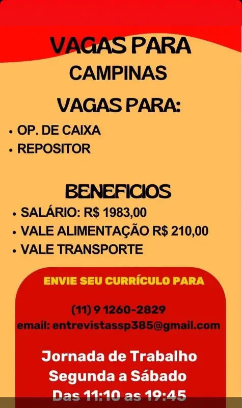 2 Vagas de emprego para Operador De Caixa, Repositor na Cidade Campinas em 08/09