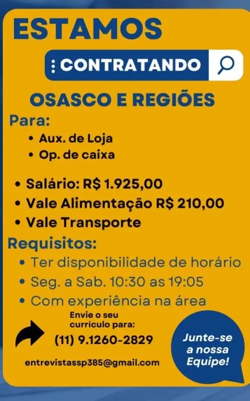 2 Vagas de emprego para Auxiliar De Loja, Operador De Caixa na Cidade Osasco em 08/09