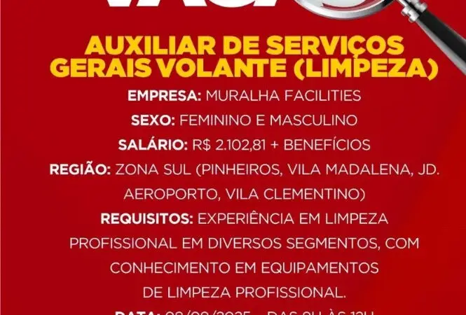 1 Vaga de emprego para Auxiliar De Serviços Gerais na empresa Muralha facilities em 08/09