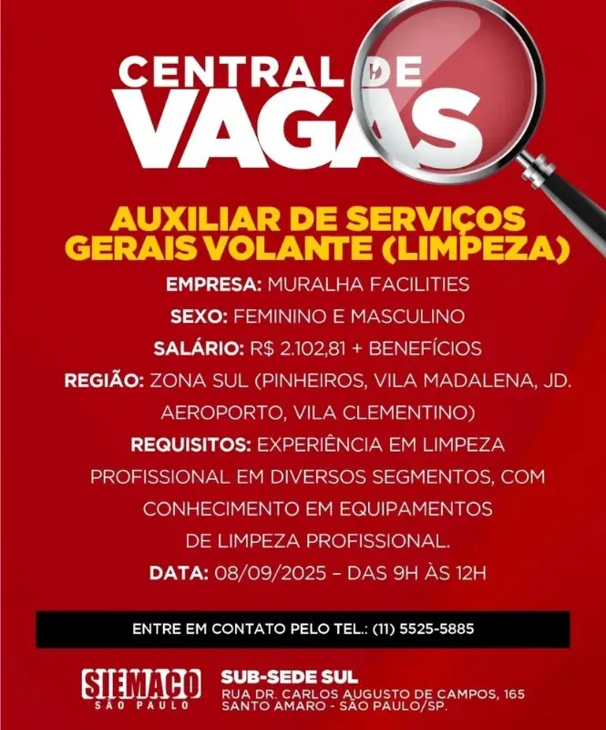 1 Vaga de emprego para Auxiliar De Serviços Gerais na empresa Muralha facilities em 08/09
