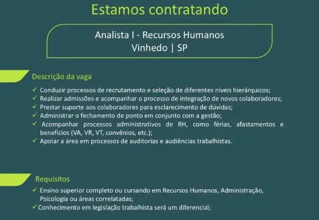 1 Vaga de emprego para Analista I Recursos Humanos na Cidade Vinhedo em 08/09
