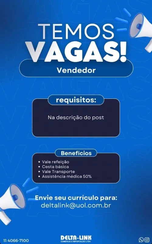 1 Vaga de emprego para Vendedor na empresa Delta-link em 08/09