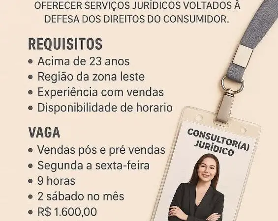 1 Vaga de emprego para Consultor De Vendas no Bairro Vila Prudente em 08/09