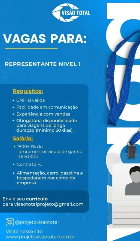 1 Vaga de emprego para Representante Nível 1 na empresa Visão total em 08/09