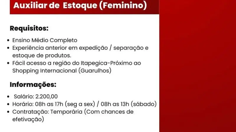 1 Vaga de emprego para Auxiliar De Estoque na Cidade Guarulhos em 08/09