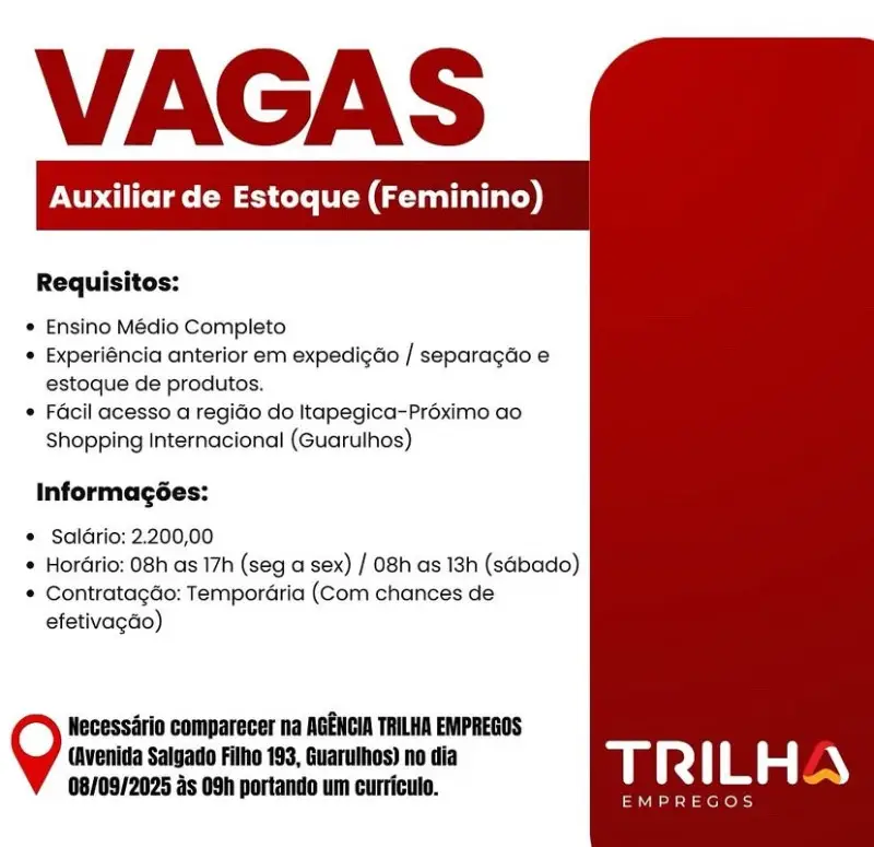 1 Vaga de emprego para Auxiliar De Estoque na Cidade Guarulhos em 08/09