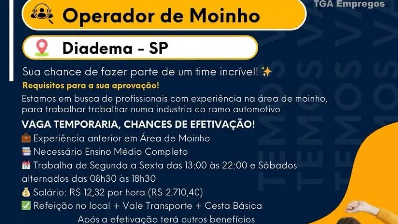 1 Vaga de emprego para Operador De Moinho na Cidade Diadema em 08/09