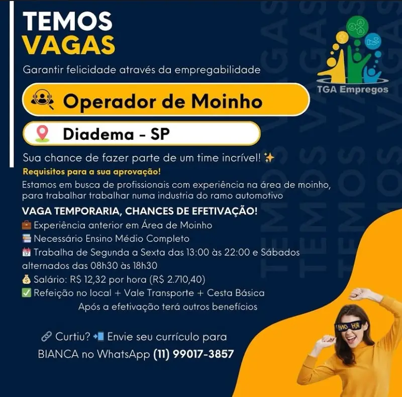 1 Vaga de emprego para Operador De Moinho na Cidade Diadema em 08/09