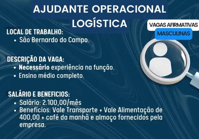 1 Vaga de emprego para Ajudante Operacional Logística na Cidade São Bernardo do Campo em 08/09