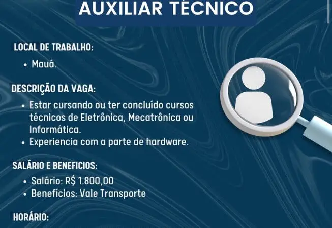 1 Vaga de emprego para Auxiliar Técnico na Cidade Mauá em 08/09