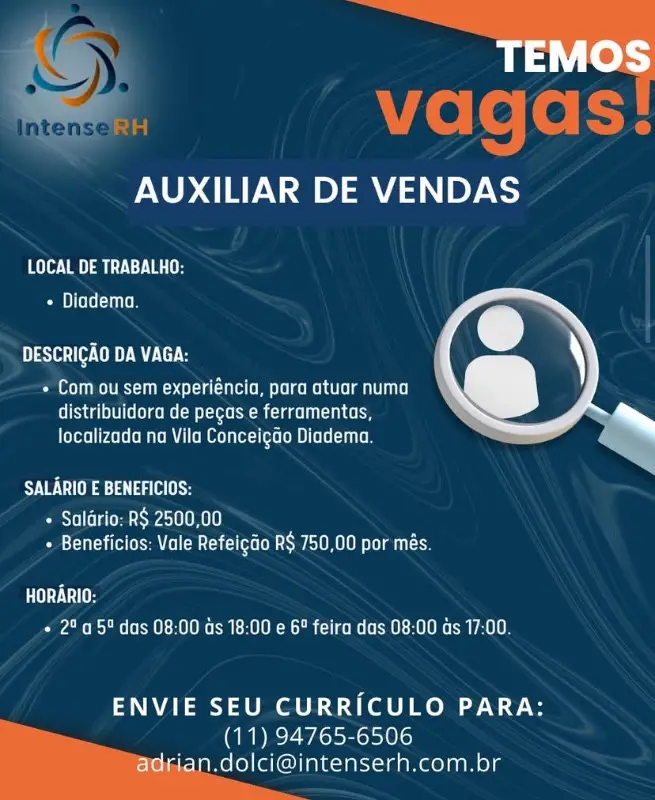 1 Vaga de emprego para Auxiliar De Vendas sem experiência na Cidade Diadema em 08/09