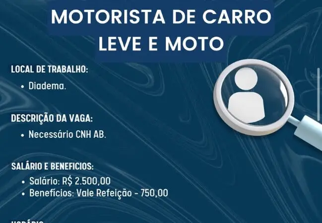 1 Vaga de emprego para Motorista na Cidade Diadema em 08/09